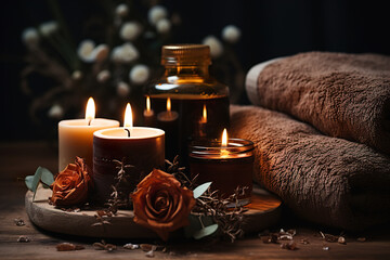 Burning candles, rolled soft spa towels and flowers on wooden table.  Spa concept 