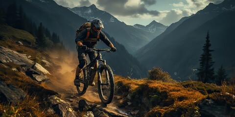 Fototapeta premium AI Generated. AI Generative. Mountain sport active extrme bike mtb with protection man. Adventure travel inspiration. Graphic Art