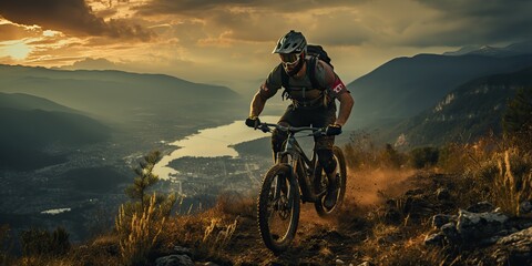 Obraz premium AI Generated. AI Generative. Mountain sport active extreme bike mtb with protection man. Adventure travel inspiration. Can be used for sport tour promotion