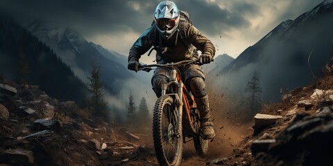 Naklejka premium AI Generated. AI Generative. Mountain sport active extreme bike mtb with protection man. Adventure travel inspiration. Can be used for sport tour promotion