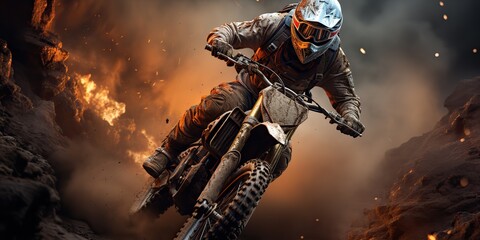 Fototapeta premium AI Generated. AI Generative. Mountain sport active extreme bike mtb with protection man. Adventure travel inspiration. Can be used for sport tour promotion