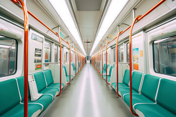Interior of a modern subway car with empty seats 