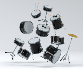 Set of drums and drumset with metal cymbals on white background