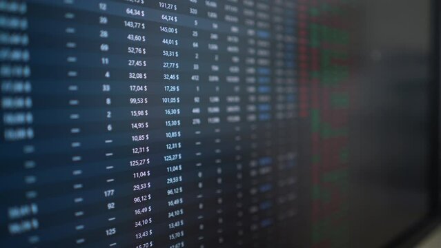 Closeup side view of currency stock market on digital screen, data information in slow motion. Closeup monitor showing numbers, interior shot of stock exchange market. Cryptocurrency market tape.