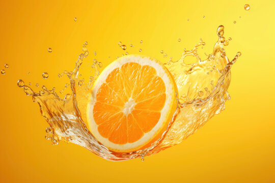 Generated photorealistic image of an orange slice in a splash of water against a yellow background