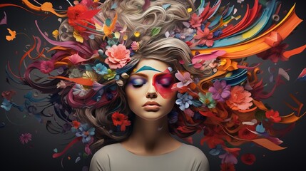 Creativity concept illustration of woman with creative thoughts and ideas coming out of her head - 638071902