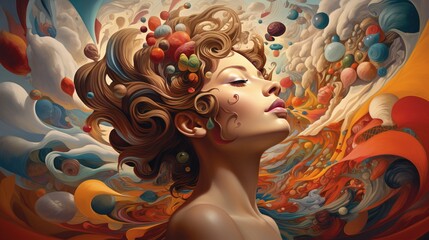 Creativity concept illustration of woman with creative thoughts and ideas coming out of her head - obrazy, fototapety, plakaty
