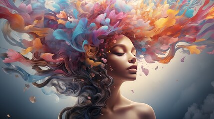 Creativity concept illustration of woman with creative thoughts and ideas coming out of her head - 638071931