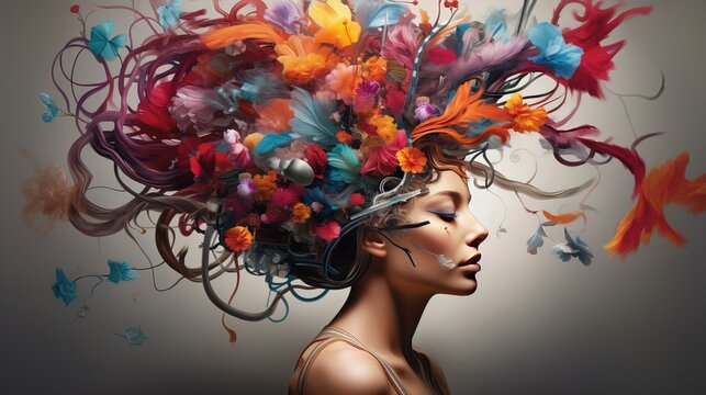 Creativity concept illustration of woman with creative thoughts and ideas coming out of her head