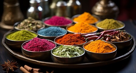 
Spices of different colors and tastes. Diversity in the Indian spice market. Large selection of spices for cooking. Concept: Close-up colorful assorted savory food