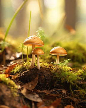 Generated photorealistic image of macro photography of forest mushrooms on a sunny day