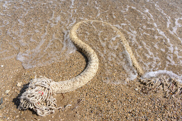 Old rope on the beach with water.