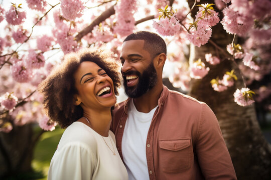 Lifestyles, relationship and multicultural concept. Happy young and beautiful couple walking and laughing in public park. Joyful mood. Outdoors park and nature in background. Generative AI
