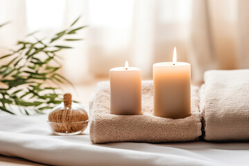 Fototapeta na wymiar Spa still life with candles and towel on massage table in spa salon