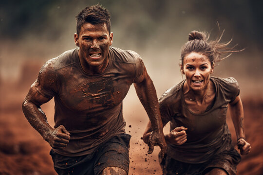 Athletic man and woman running on a dusty road.