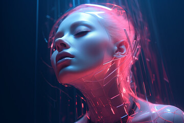 Obraz premium Sci-fi, fantasy, beauty, fashion concept. Sci-fi very beautiful and sexy looking woman close-up portrait. Futuristic style with neon colored light. Model clothing made from plastic. Generative AI