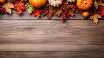 Autumn leaves and pumpkins, wooden background. Concept for Thanksgiving, Autumn, and Halloween with copy space