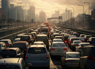 Blurred traffic jam in bangkok road with sunlight. Created with Generative AI technology.