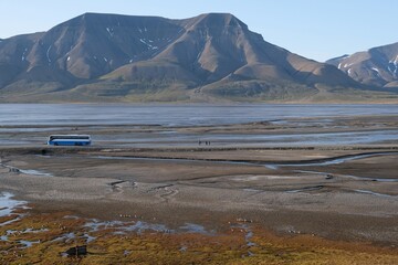 Mountain panorama around city  Longyearbyen. Former mining town Longyearbyen, capital of Svalbard,...