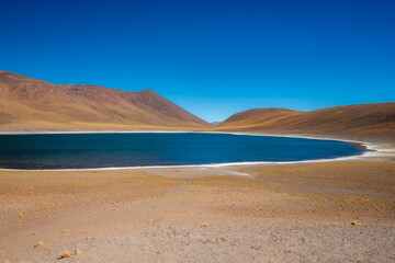 Fototapeta na wymiar Lagoa Miniques: Altitude e vulcões moldam esta lagoa no Deserto do Atacama, cenário deslumbrante de tranquilidade e beleza