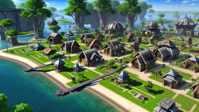 Top view futuristic village fantasy environment in the hidden planet