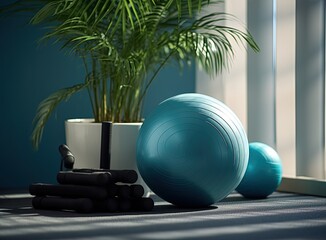 Fitness workout equipment in living room. Created with Generative AI technology.
