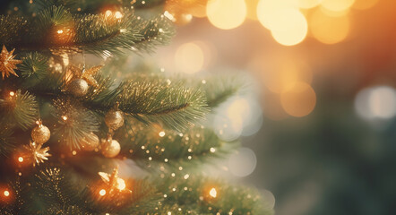a Christmas tree with gold ornaments and lights, bokeh