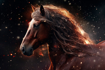 A powerful stallion with ruby eyes and chestnut color. Generative AI