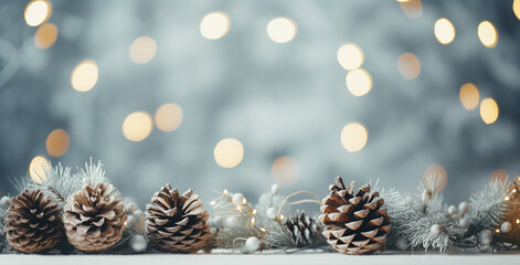 Obraz na płótnie Canvas Pine cones and Christmas lights, bokeh
