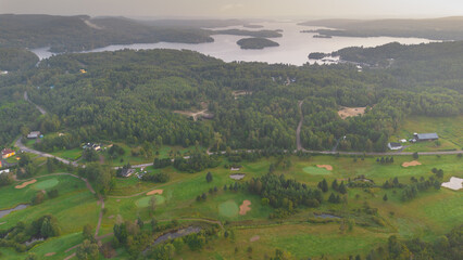 Aerial view on a nice hole in the morning on a golf club in Quebec, Canada