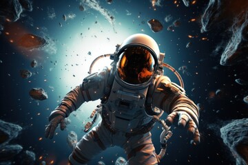 An astronaut wearing a protective helmet dives through a galaxy of asteroids, venturing into a mesmerizing underwater world - obrazy, fototapety, plakaty