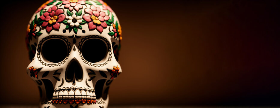 Dia de los Muertos header with traditional Mexican painted skull on a brown background with blank space for text. Spooky panoramic banner with Mexican calavera, la Catrina for the Day of the Dead