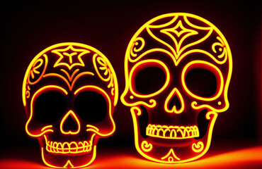 Fototapeta premium Two yellow vivid neon calaveras on black background for Day of the Dead holiday. Colorful glowing Mexican sugar skulls as a symbol of Dia de los Muertos.
