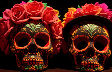 Dia de los Muertos wallpaper with two painted skulls wearing wreaths of roses on a black background. Widescreen banner with Mexican calavera, la Catrina for the Day of the Dead