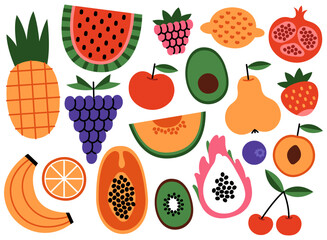 Set of fruits doodle. Natural tropical fruit: orange, lemon, cherry, banana, papaya, pineapple, kiwi, raspberry, peach, melon etc. Hand drawn vector illustration isolated on white background.