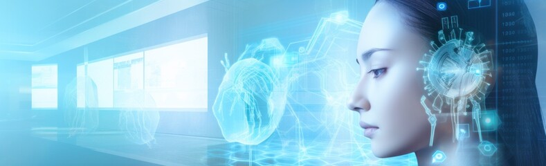 A woman stares in awe at a captivating holographic projection of a beating heart, hinting at a magical, unseen connection between technology and emotion