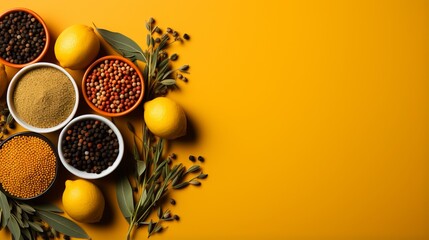 Spices and seasonings for taste. Diversity in the Indian spice market. Large selection of seasonings for cooking dishes on a yellow background with copy space.  - obrazy, fototapety, plakaty