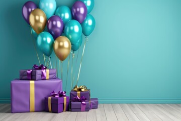 Purple, gold, blue balloons with helium and gift boxes on empty blue wall. Copy space.