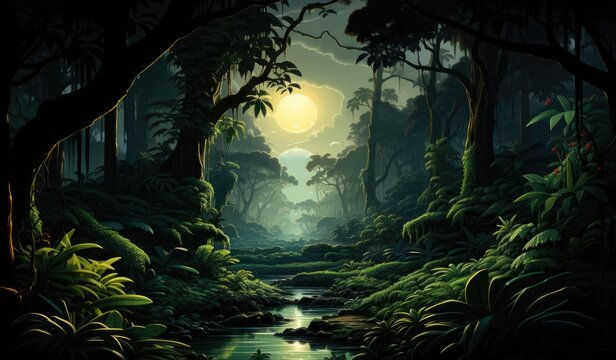 A painting of a jungle scene with a stream and trees, AI