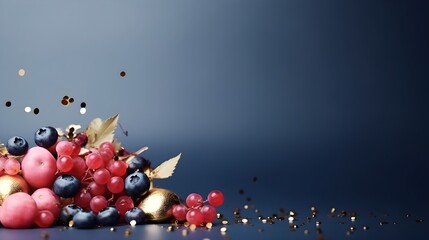 Blueberries with golden confetti. Festive dark blue background.