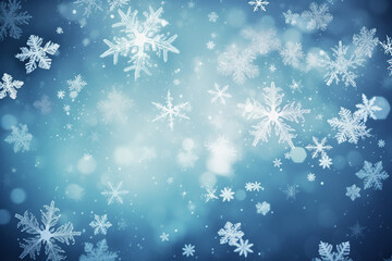 Fototapeta na wymiar Blue abstract Christmas snowflakes decorated background, bokeh lights. Generative AI