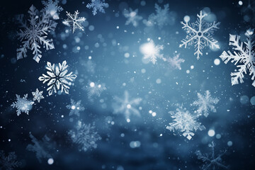 Blue abstract Christmas white snowflakes decorated background. Generative AI