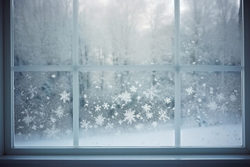 Winter season window with snowflakes shape frost. Generative AI