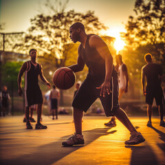 Pickup Street Ball Basketball At Sunset Golden Hour In Park