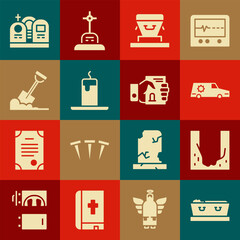 Set Coffin with dead, Cemetery digged grave hole, Hearse car, Burning candle, Shovel the ground, Grave tombstone and Death certificate hand icon. Vector