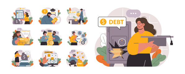 Student debt set. Young graduated character with a financial crisis. Expencive