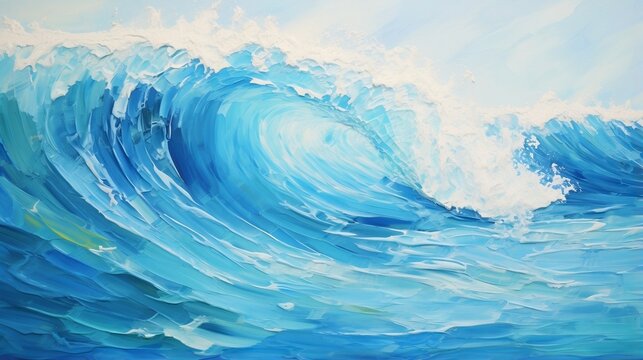 Palette knife oil painting Japanese blue waves, Japanese blue ocean art. Illustration of ocean blue waves