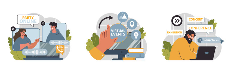 Virtual events set. Online education, conference, exhibition, friends