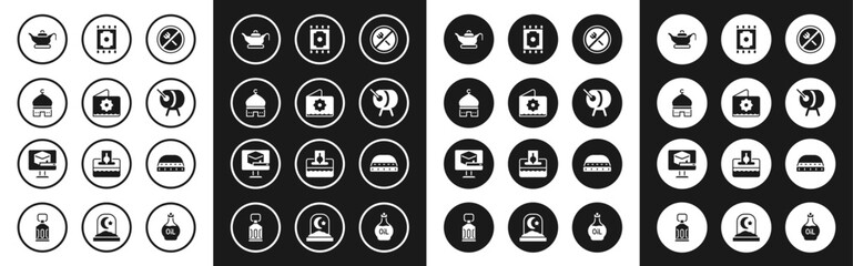 Set Ramadan fasting, Octagonal star, Muslim Mosque, Oil lamp, drum, Traditional carpet, hat for prayer and Kaaba mosque icon. Vector