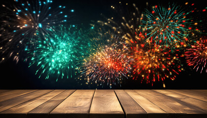 Empty wooden table in front of fireworks background. Product display montage. Festive dark background with golden light effects and empty wooden table for a christmas decoration, digital ai